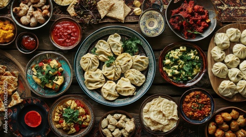 A colorful assortment of traditional Uzbek food, including manti, shurpa, and samsa, laid out on a rustic table.