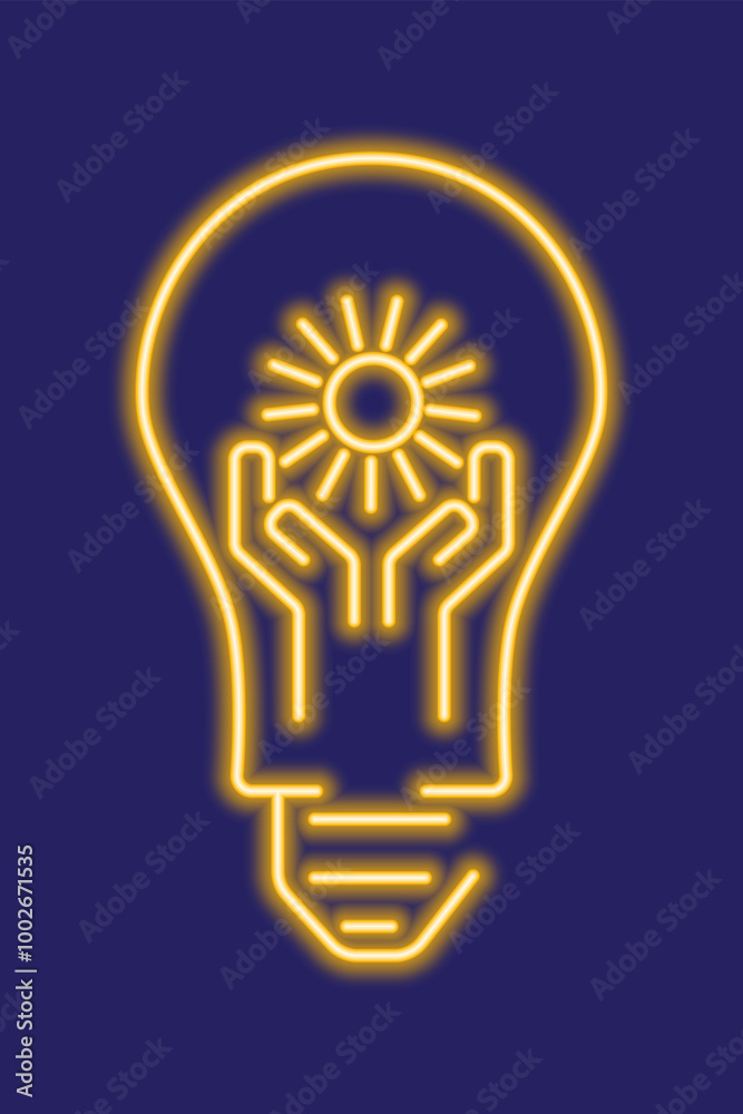 Yellow glowing neon line light bulb with hands and sun. Green energy, renewable solar energy concept. Ecology themed abstract illustration. Yellow glowing neon line light bulb with hands and sun. Green energy, renewable solar energy concept. Ecology themed abstract illustration.