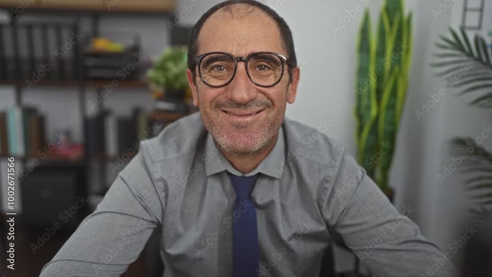 Middle-aged hispanic man smiling in an office setting wearing glasses and a tie, with shelves and plants in the background. Middle-aged hispanic man smiling in an office setting wearing glasses and a tie, with shelves and plants in the background.