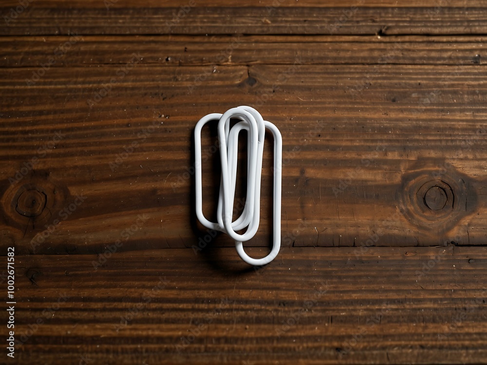 White paper clips against a wooden background. White paper clips against a wooden background.