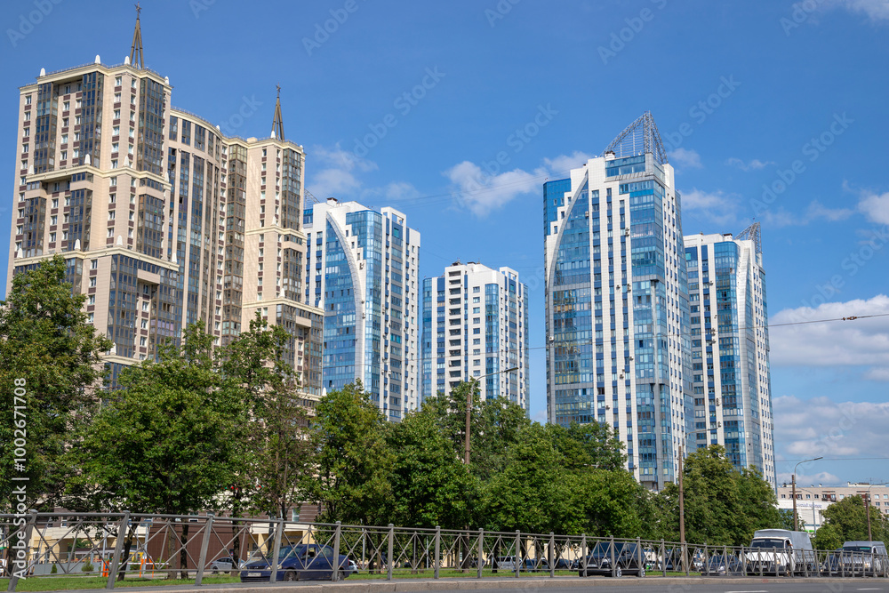 Fototapeta premium Modern high-rise residential buildings on Tipanova Street. Saint Petersburg