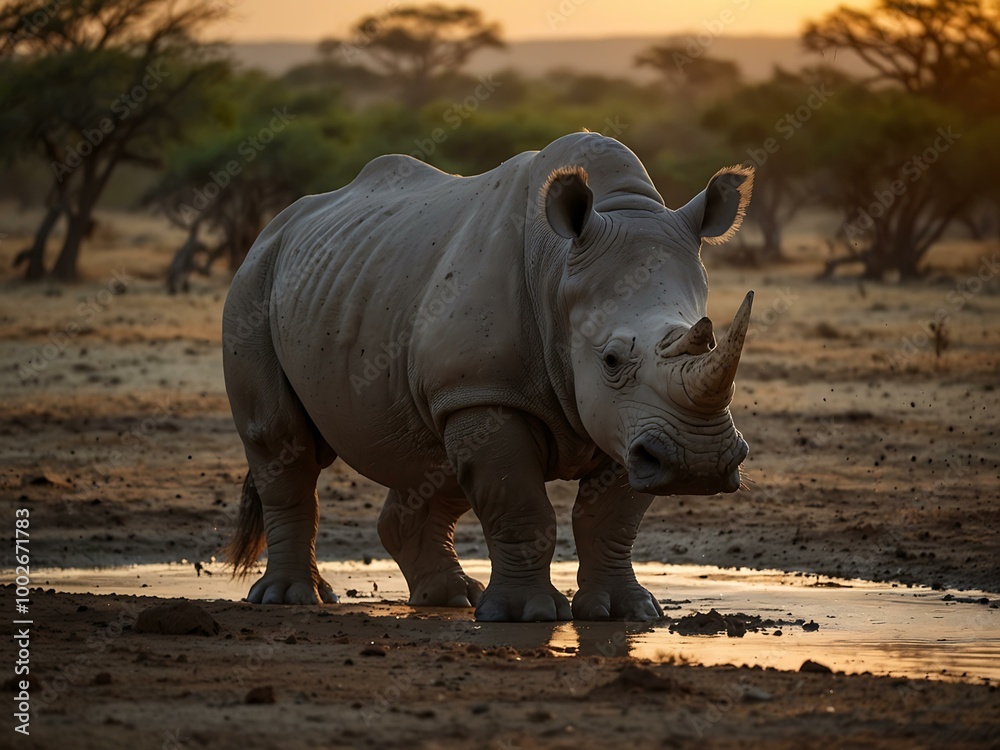 White rhinoceros near a waterhole at sunset in Africa. White rhinoceros near a waterhole at sunset in Africa.