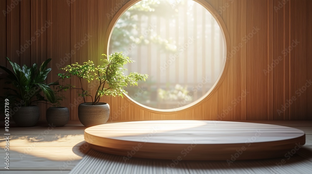 A wooden podium with a small round window and plants on it, creating an atmosphere of tranquility in the Japanese-style interior design A wooden podium with a small round window and plants on it, creating an atmosphere of tranquility in the Japanese-style interior design
