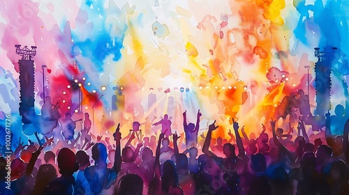 A vibrant crowd celebrates at a lively event, surrounded by colorful lights and smoky hues, capturing the energy and excitement of a memorable performance.