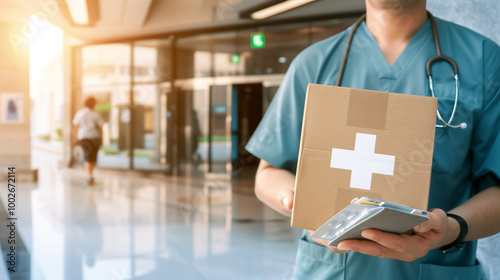 Medical delivery person in uniform holding prescription drug package with medical cross symbol, standing at modern hospital entrance, with copy space for text or design.