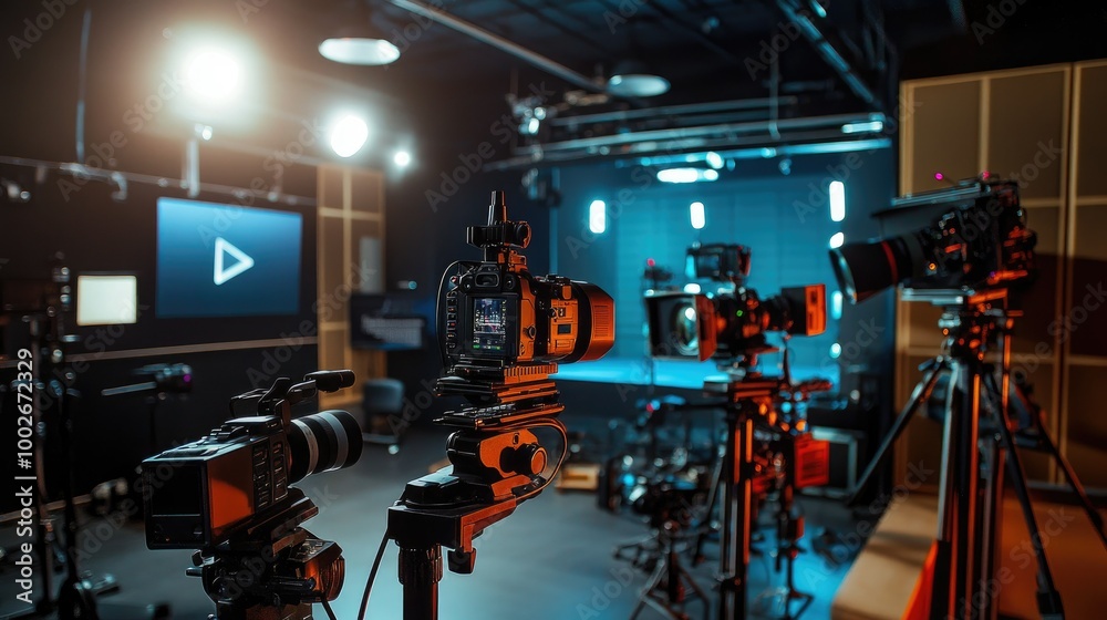 Fototapeta premium High-end video recording studio featuring multiple cameras, boom mics, and professional lighting for filming high-quality content.