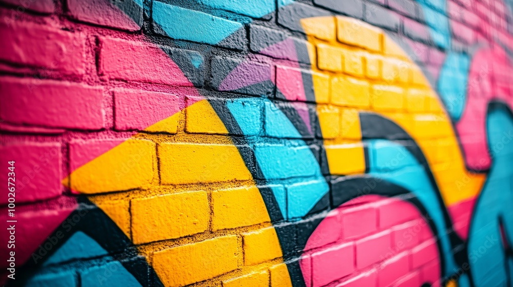 Fototapeta premium Colorful graffiti wall background with brick street art wall art