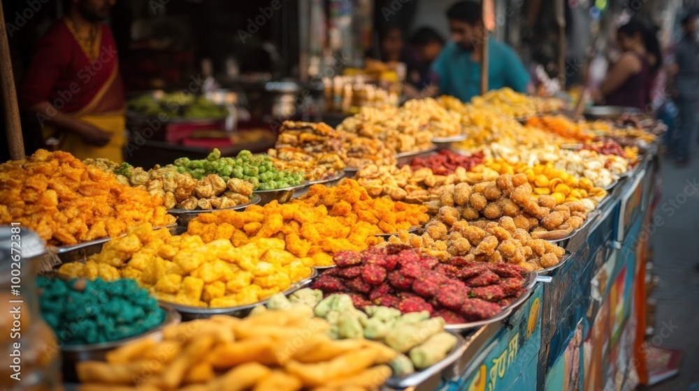 Fototapeta premium A colorful Indian street food stall, with a variety of snacks and sweets on display, attracting a bustling crowd.