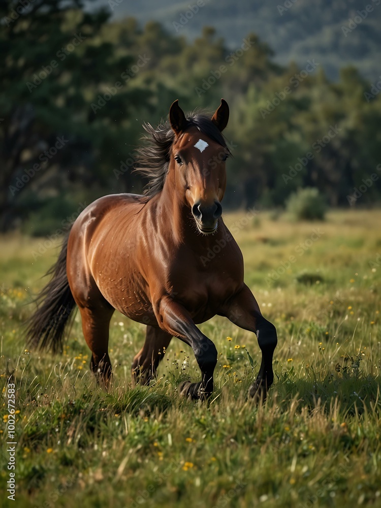 Wild horse galloping in a grassy meadow. Wild horse galloping in a grassy meadow.