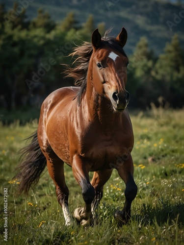 Wild horse galloping in a grassy meadow.