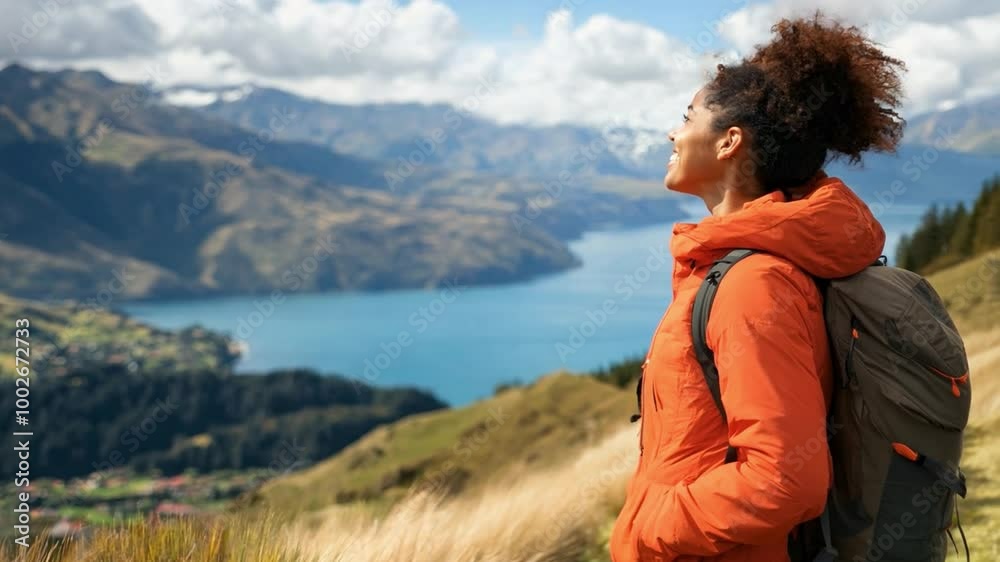 A black woman enjoying a mountain view while hiking near a serene lake on a sunny day