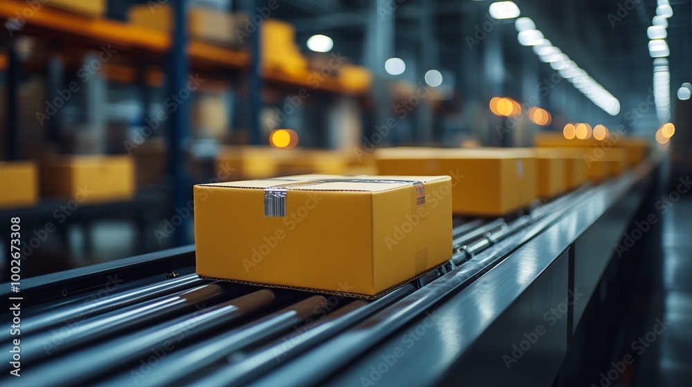Photo of yellow cardboard boxes on a conveyor belt in a warehouse Photo of yellow cardboard boxes on a conveyor belt in a warehouse