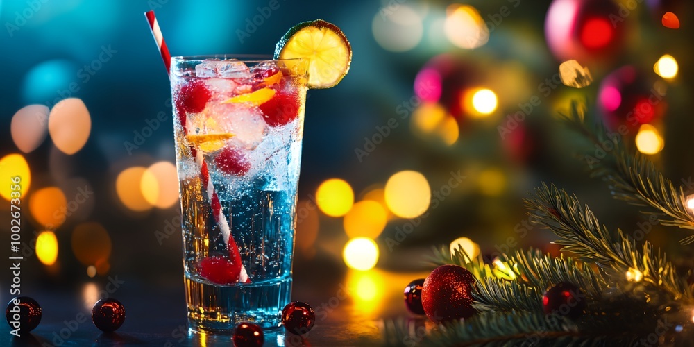 A glass of blue liquid with a lime wedge in it sits on a table. The table is decorated with Christmas ornaments, including a tree and a bunch of red balls. The scene conveys a festive A glass of blue liquid with a lime wedge in it sits on a table. The table is decorated with Christmas ornaments, including a tree and a bunch of red balls. The scene conveys a festive