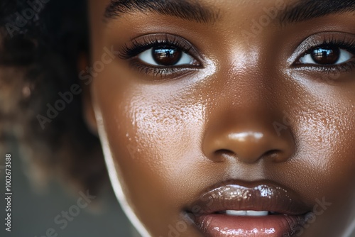 A woman with dark hair and brown eyes is smiling and looking at the camera. She has a lot of makeup on her face, including foundation, blush, and eye shadow. Concept of confidence and beauty