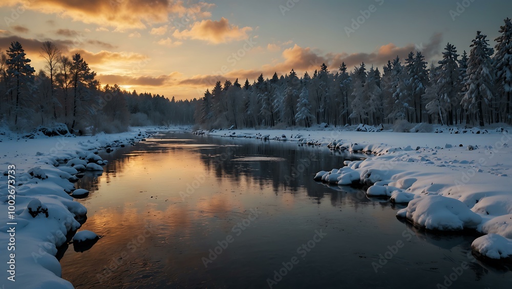 Winter river scene in Sweden. Winter river scene in Sweden.