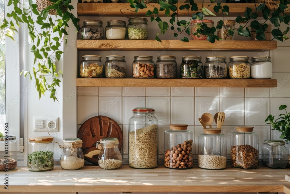 Kitchen shelf with jarred ingredients and greenery Kitchen shelf with jarred ingredients and greenery