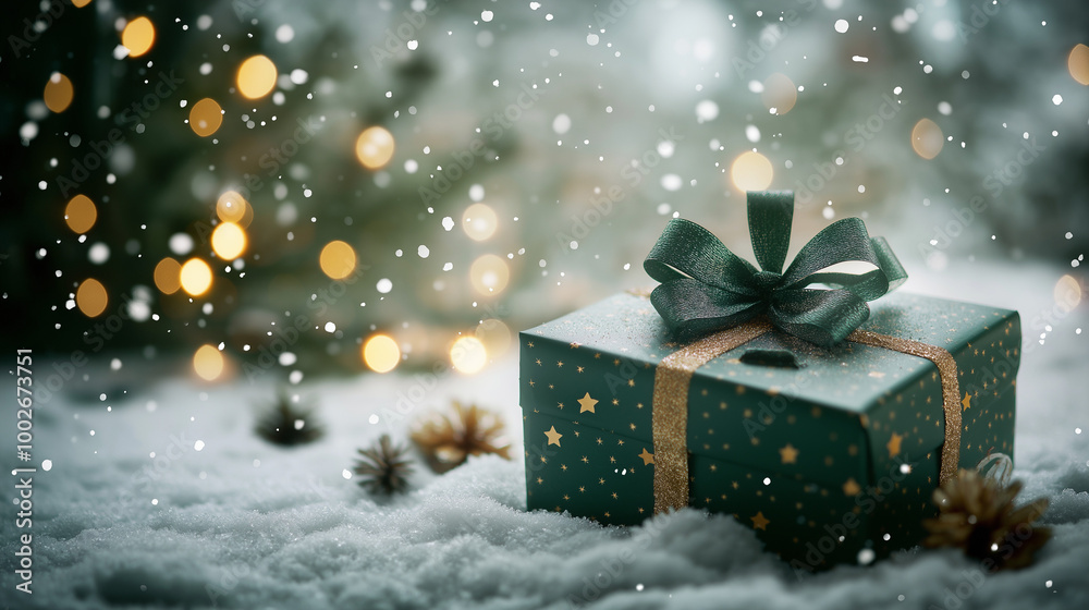 Holiday gift boxes, with glowing garlands, on snow, banner. AI generation. Holiday gift boxes, with glowing garlands, on snow, banner. AI generation.