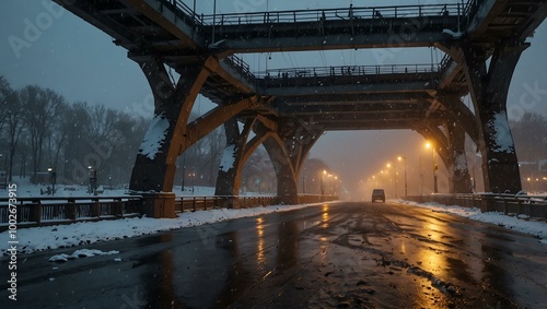 Winter view of the Paton Bridge in Kyiv with falling snow. photo