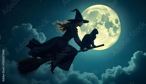 A woman in a witch costume is flying on a broomstick. A cat is sitting on the broomstick