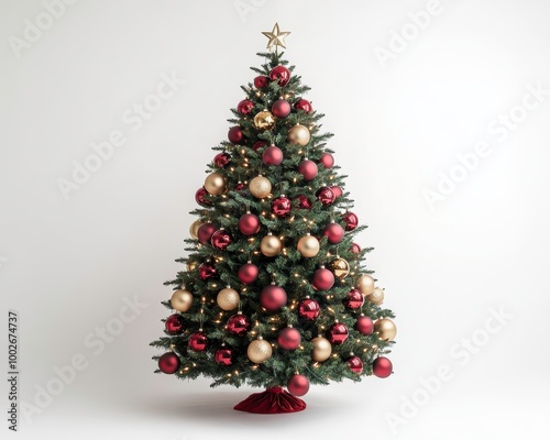 Elegant tall Christmas tree with a mix of traditional red and gold ornaments, beautifully lit, placed on a pristine white background for a classic holiday look, High-angle view