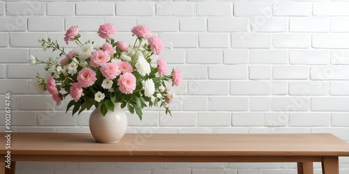 A vase of pink and white flowers on a wooden table against a white brick wall.