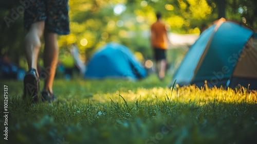 Tranquil campsite at golden hour: blue tents nestled in lush grass, sunlight filtering through trees, creating a warm, inviting atmosphere for outdoor enthusiasts. photo