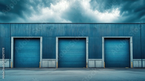 Modern industrial blue warehouse, three tall garage doors with a cloudy sky backdrop, empty loading dock area.