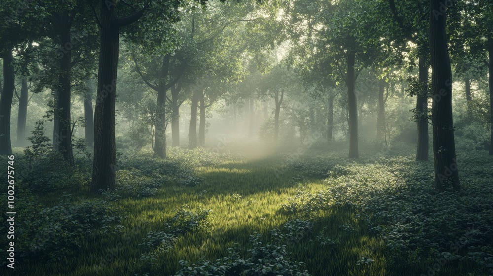 Fototapeta premium A dense forest at dawn, covered in mist