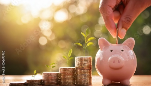 Hand inserting coin into pink piggy bank on sunlight background. photo