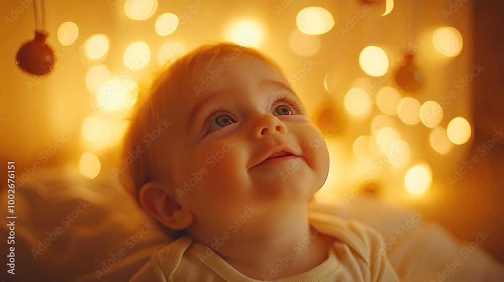 A joyful baby gazing at twinkling lights, radiating warmth. A joyful baby gazing at twinkling lights, radiating warmth.