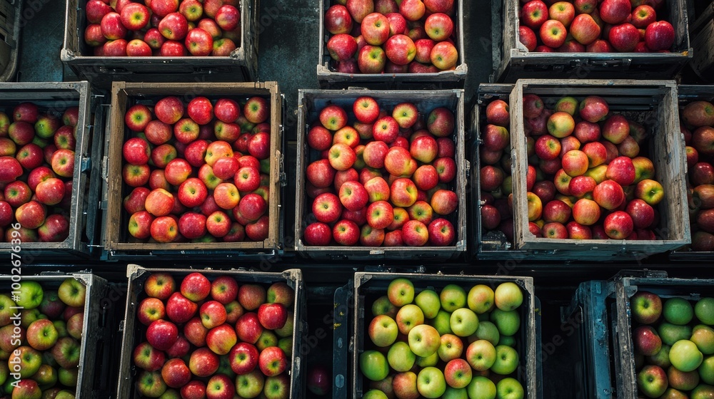 Overhead view of apples being processed and sorted by size and color in a high-tech factory environment. Overhead view of apples being processed and sorted by size and color in a high-tech factory environment.