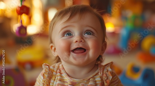 Happy baby smiling joyfully in a colorful playroom.