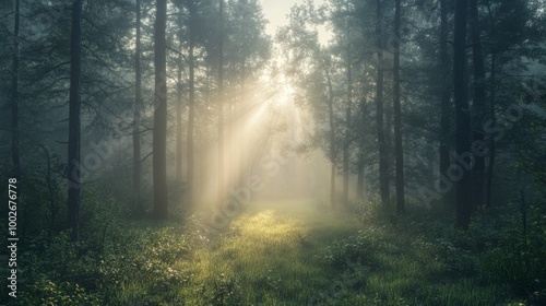 A foggy forest at dawn  with soft rays of sunlight barely filtering through the mist