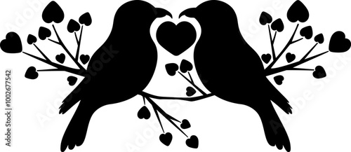Silhouette of couple shrike birds sit at tree branch with heart shaped leaves. Abstract simple bird illustration, black silhouette. Laser cut template, wall decor.