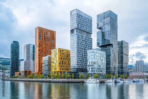 Modern high buildings in Bjorvika district near modern architecture business area in the center of Oslo - Norway, Generative AI photo