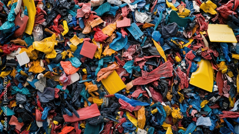 Fototapeta premium Pile of shredded plastic scraps in different colors, ready for recycling, with a chaotic mix of shapes and materials.