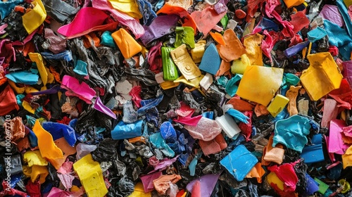 Pile of shredded plastic scraps in different colors, ready for recycling, with a chaotic mix of shapes and materials.