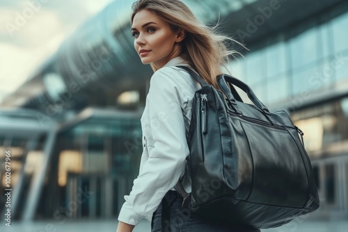 business trip, corporate and people concept - young businesswoman walking with travel bag along office building or airport, Generative AI