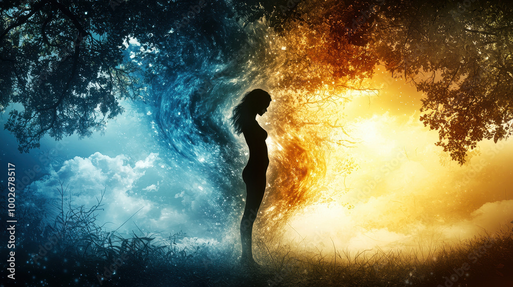 Fototapeta premium serene woman standing confidently in silhouette, surrounded by contrasting elements of nature, representing harmony between light and dark