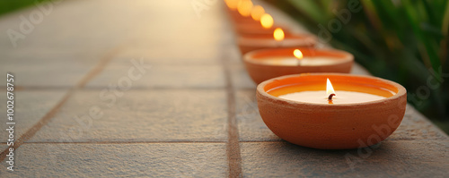 Softly glowing clay diyas are arranged along stone pathway, creating serene and inviting atmosphere. warm light of candles enhances beauty of surroundings photo