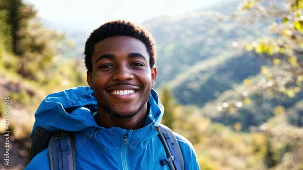 Young black hiker smiles while exploring lush green trails in the mountains during a sunny day Young black hiker smiles while exploring lush green trails in the mountains during a sunny day