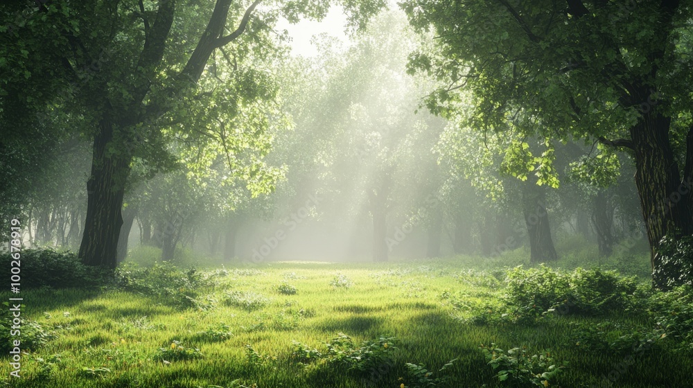 Fototapeta premium A misty morning in a dense forest, with soft sunlight barely breaking through