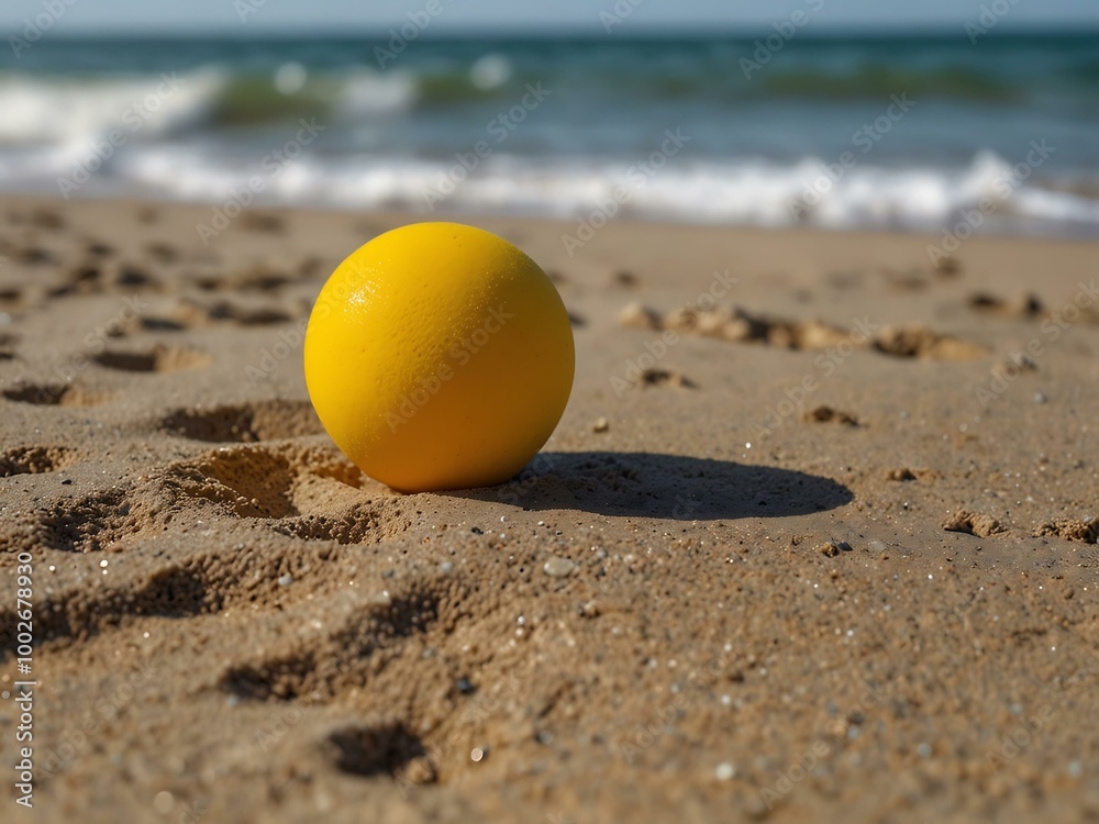 Yellow ball on a sandy beach. Yellow ball on a sandy beach.