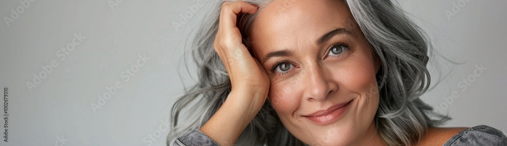 Radiant mature woman with silver hair and warm smile exudes confidence and grace, embracing natural aging with poise against a neutral backdrop. Radiant mature woman with silver hair and warm smile exudes confidence and grace, embracing natural aging with poise against a neutral backdrop.