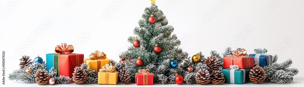 Joyful cut out image of a vibrant Christmas tree with presents and colorful baubles scattered among pine cones, set against a clean white background to enhance the festive allure , Bird's-eye view Joyful cut out image of a vibrant Christmas tree with presents and colorful baubles scattered among pine cones, set against a clean white background to enhance the festive allure , Bird's-eye view