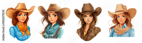 Cowgirls cartoon portraits. Beautiful woman in cowboy hat with long hair, american lady wild west texas ranch western female cowgirl avatars set vector illustration