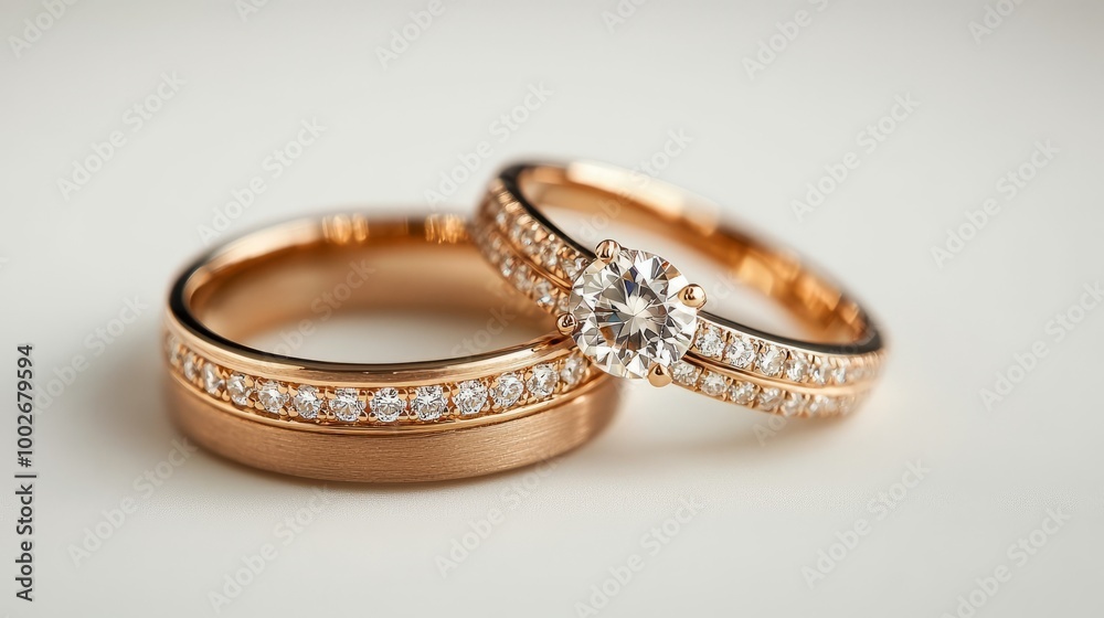 Two gold wedding rings with diamonds on a white surface with soft natural light Two gold wedding rings with diamonds on a white surface with soft natural light