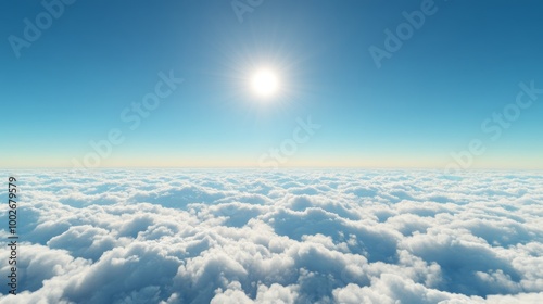 A panoramic landscape above sparse clouds, with a vivid blue sky