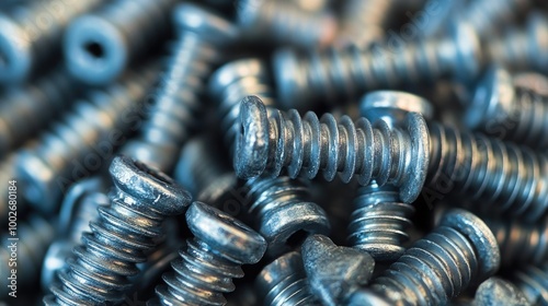 Screws stacked together in a pile, captured in a close-up with clear details of their metal textures. photo