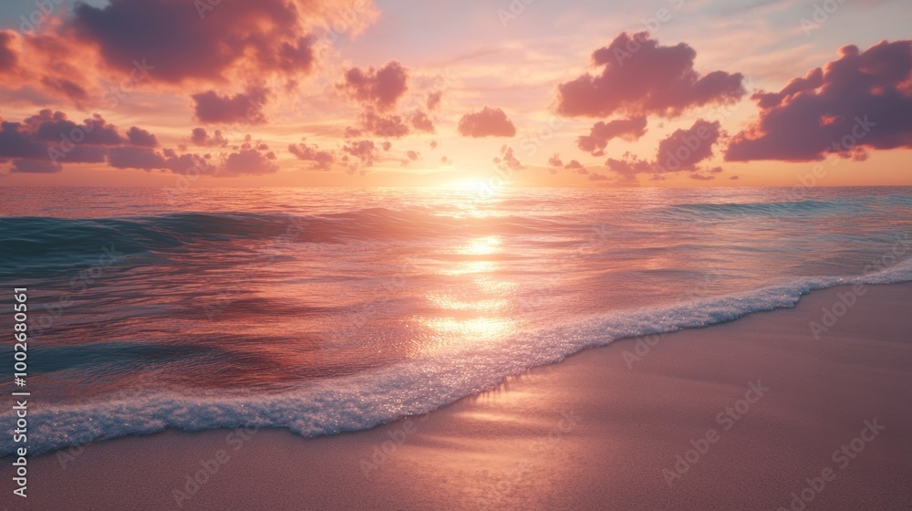 A quiet beach at sunset, the sky ablaze with orange and pink A quiet beach at sunset, the sky ablaze with orange and pink